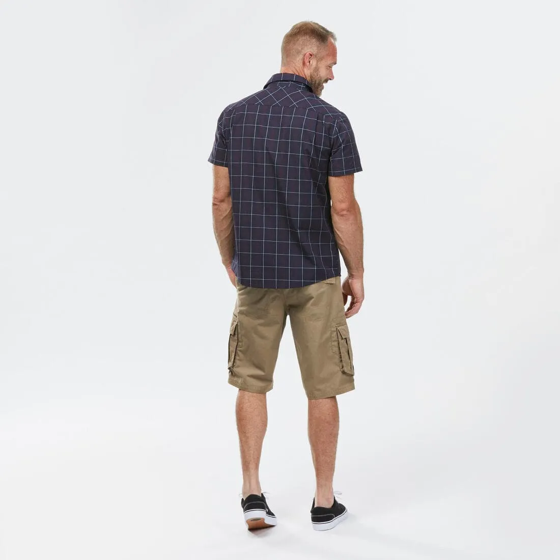 Chemise de Trekking voyage TRAVEL 100 carreaux manches courtes blanche homme