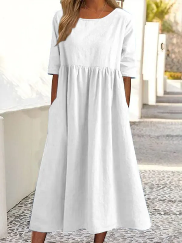 Cheyenne - Round Neck Midi Dress with Gathered Waist (Plus Size Available)