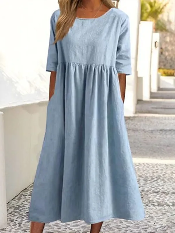 Cheyenne - Round Neck Midi Dress with Gathered Waist (Plus Size Available)