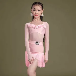 Children Girls Pink Fringe Latin Dance Dresses Kids Salsa Rumba Chacha Ballroom Latin Competition Peformance Outfits Fancy Dresses