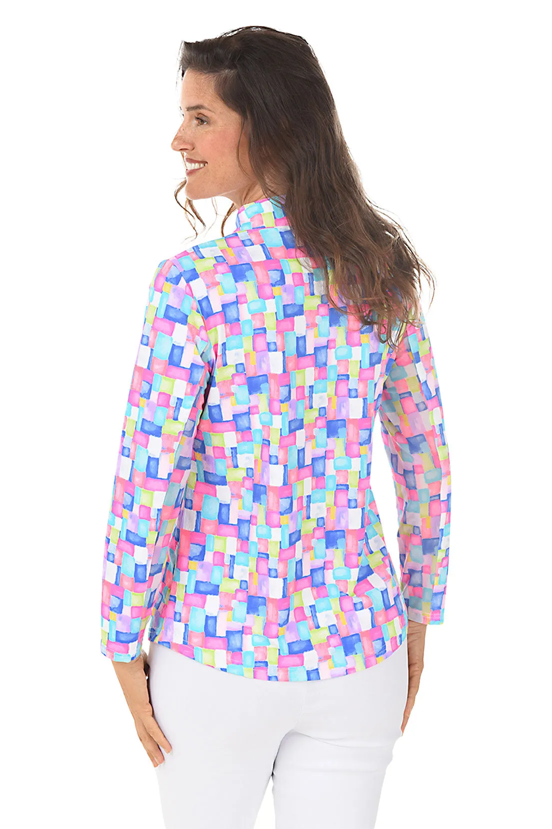 Colorful Cubes Cooling UPF50  Mock Neck Top