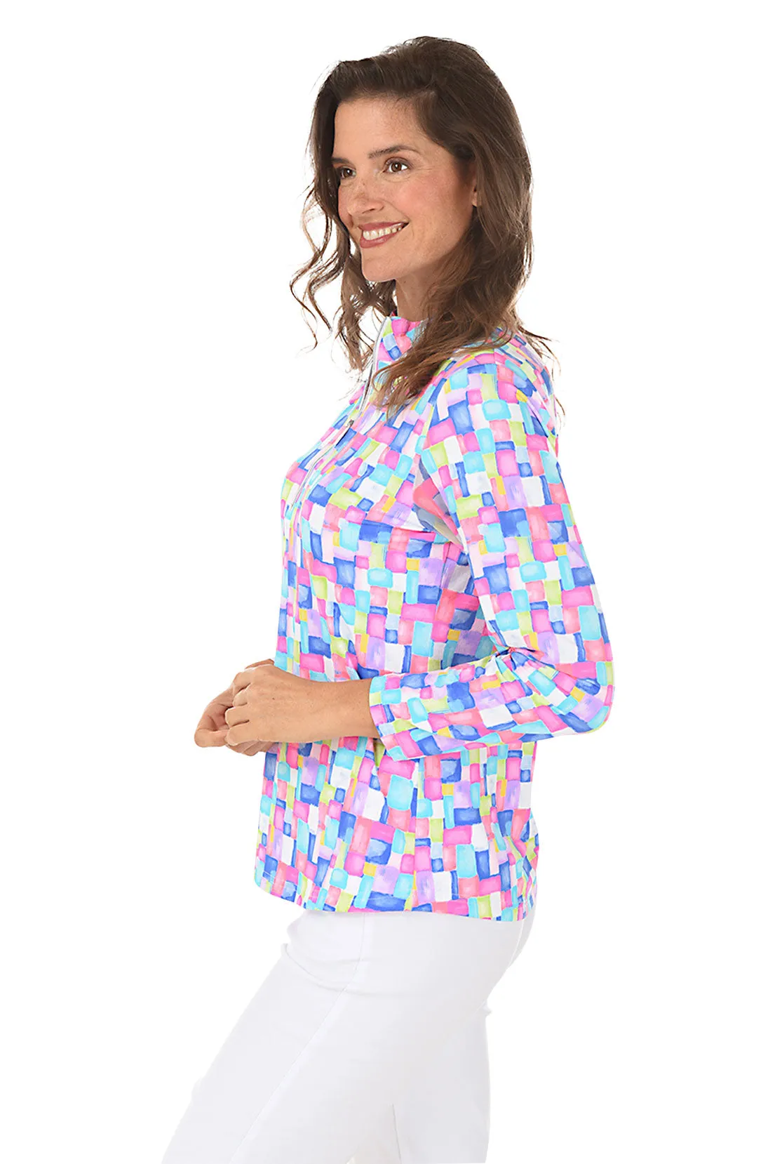Colorful Cubes Cooling UPF50  Mock Neck Top