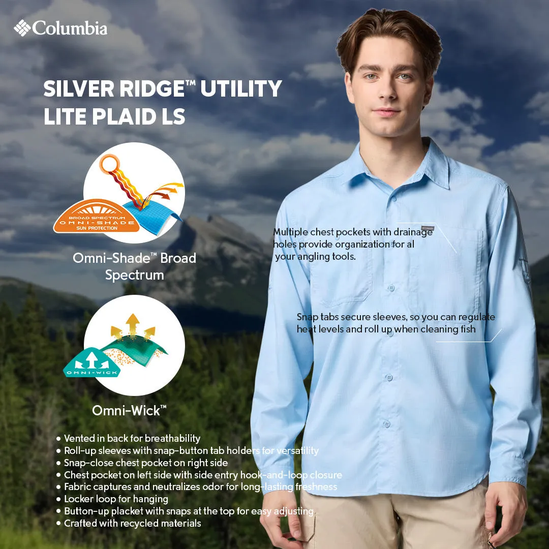 Columbia Mens Blue Omni-Shade Broad Spectrum Silver Ridge Utility Lite Plaid Long Sleeve Shirt
