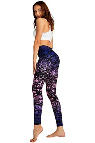 COOLOMG Women's Leggings Yoga Long Pants Compression Drawstring Running Tights Non See-Through Purple Forest Adults Small(Youth X-Large)