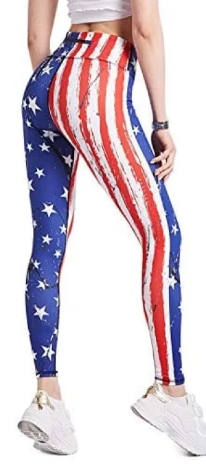 COOLOMG Women's Yoga Long Pants Compression Drawstring Running Tights Non See-Through Leggings USA Flag Adults X-Small(Youth Large)
