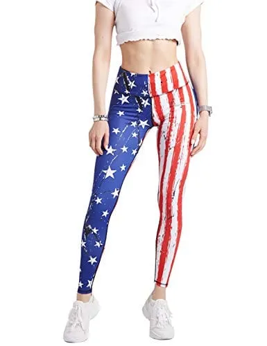 COOLOMG Women's Yoga Long Pants Compression Drawstring Running Tights Non See-Through Leggings USA Flag Adults X-Small(Youth Large)