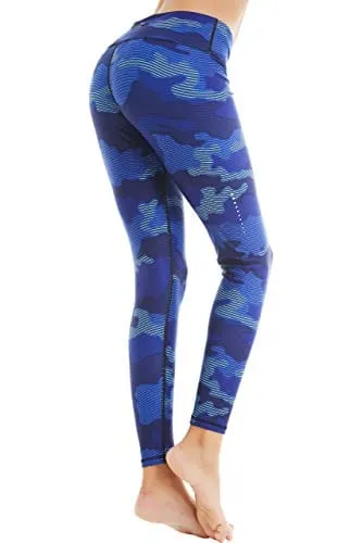 COOLOMG Women's Yoga Running Pants Printed Compression Leggings Workout Tights Hidden Pocket Purple Camo Medium
