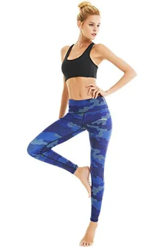 COOLOMG Women's Yoga Running Pants Printed Compression Leggings Workout Tights Hidden Pocket Purple Camo Medium