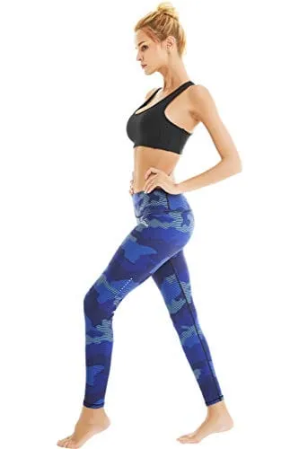COOLOMG Women's Yoga Running Pants Printed Compression Leggings Workout Tights Hidden Pocket Purple Camo Medium