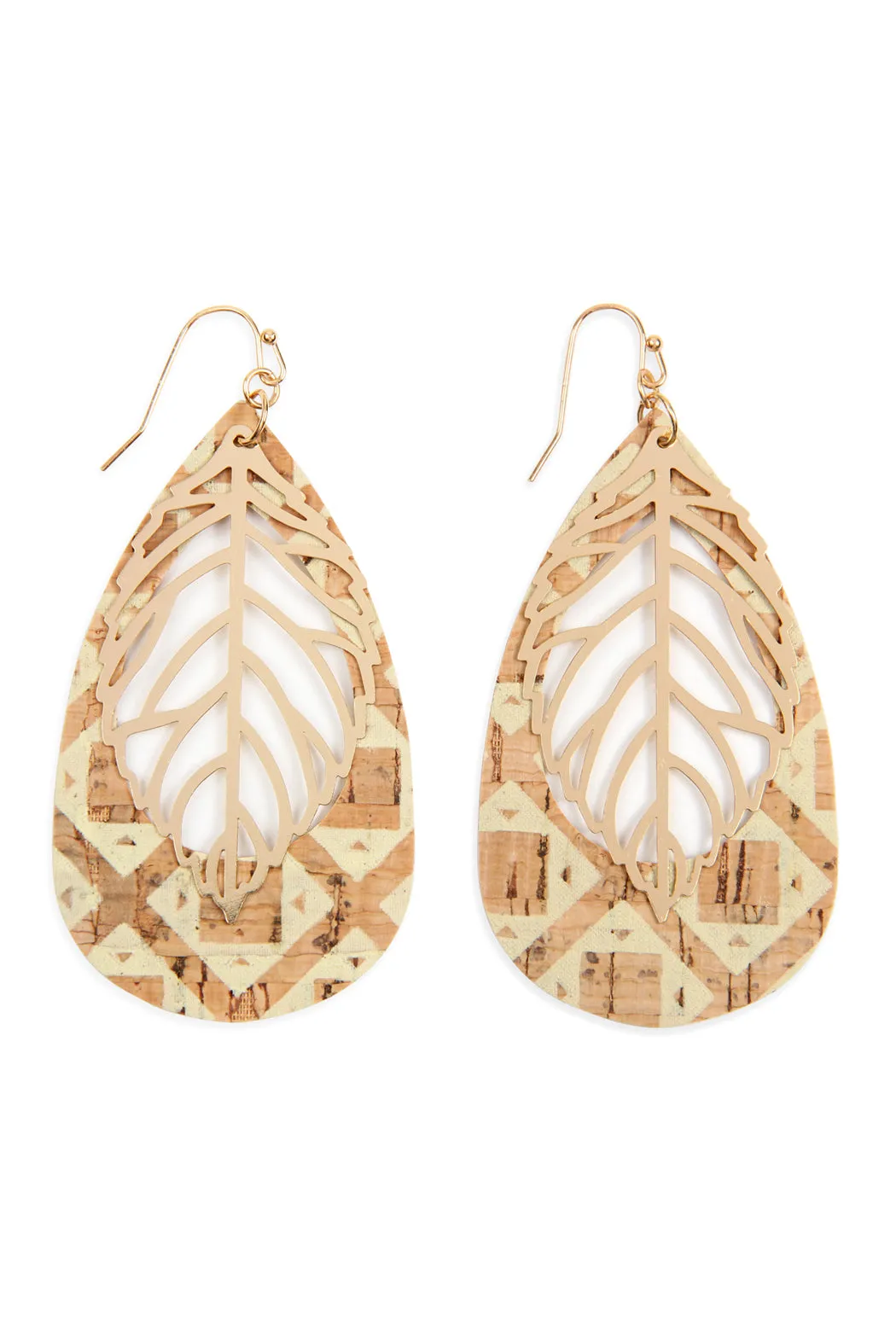 Cork Pattern Teardrop Metal Leaf Filigree Earrings