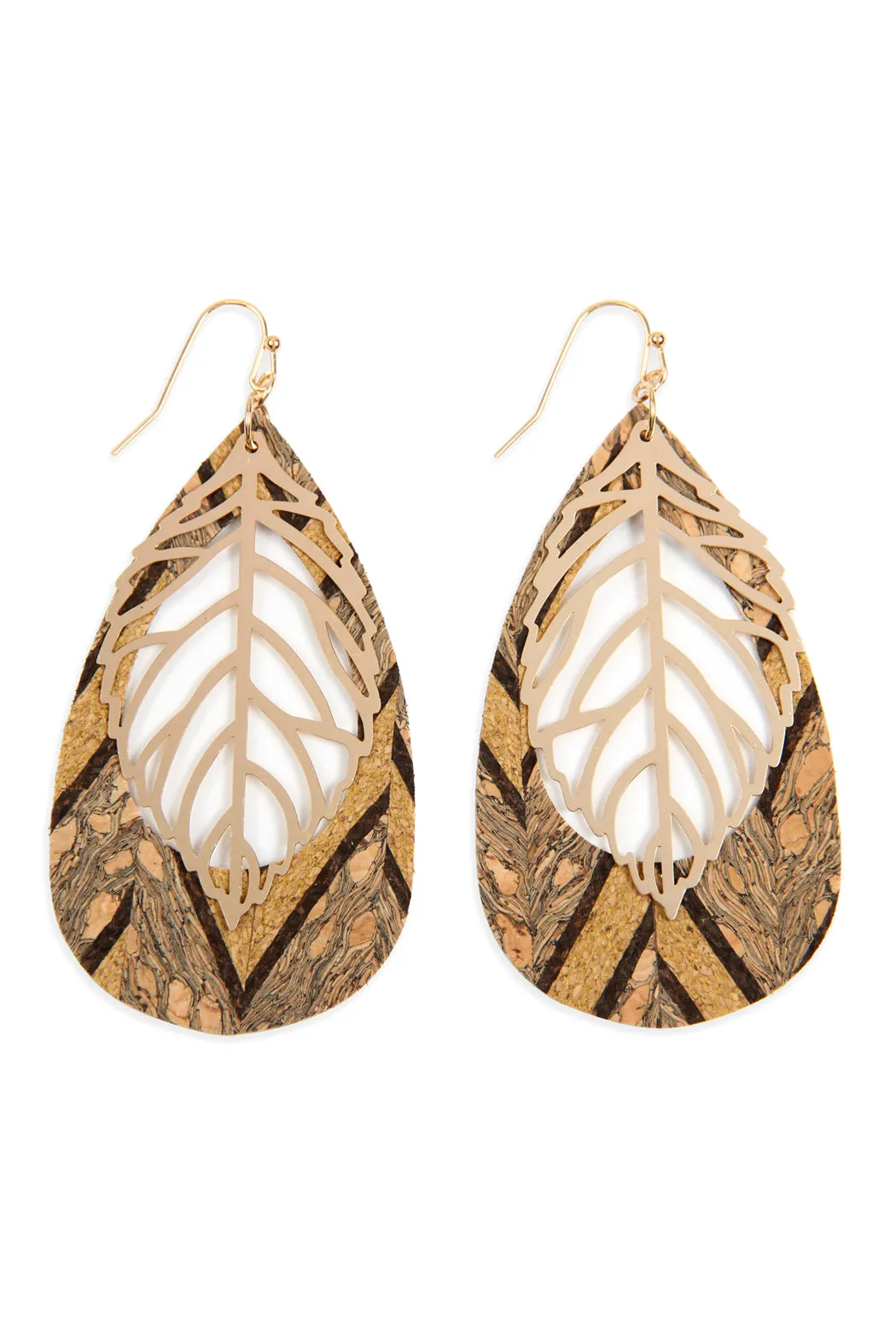 Cork Pattern Teardrop Metal Leaf Filigree Earrings