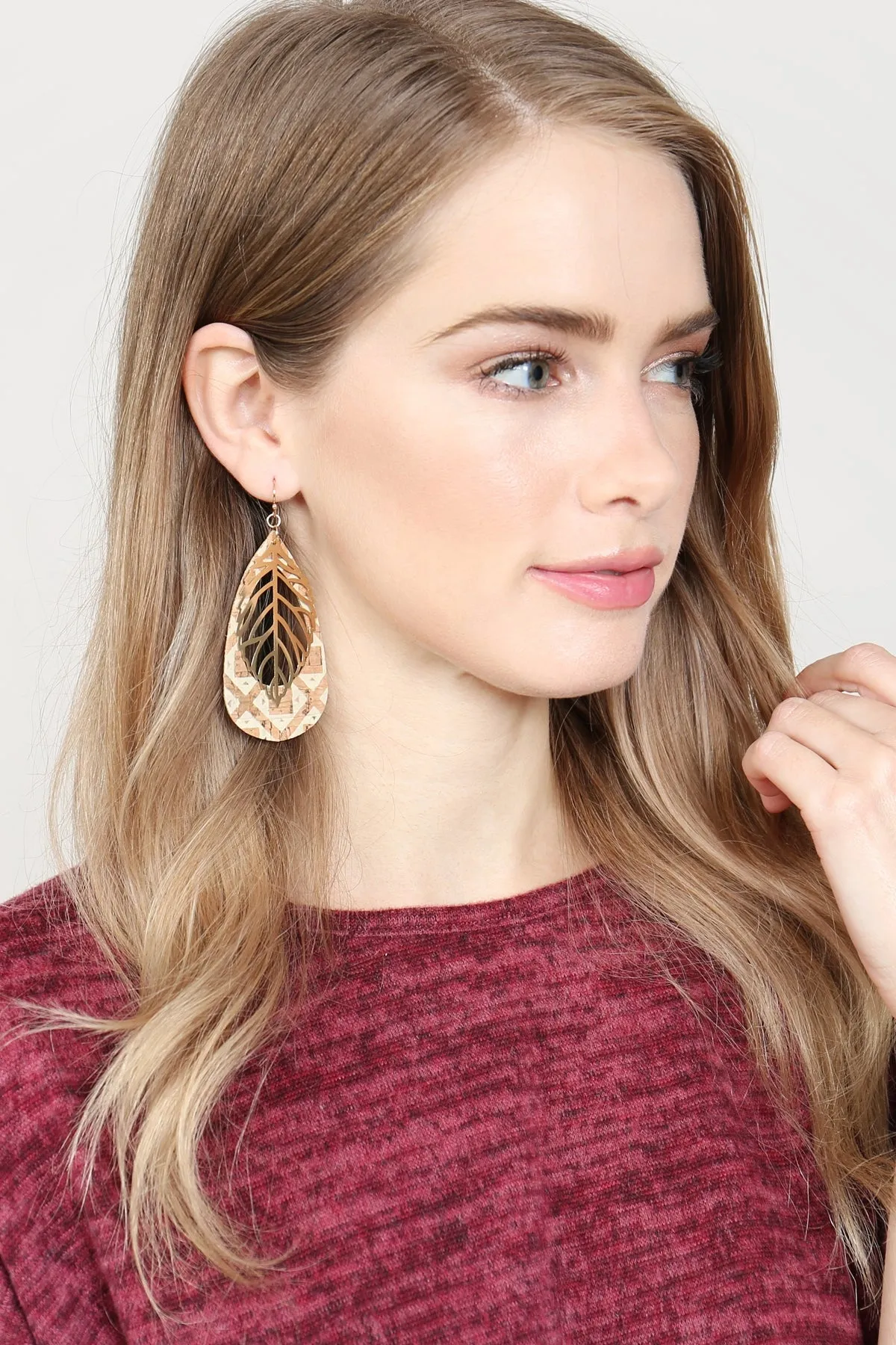 Cork Pattern Teardrop Metal Leaf Filigree Earrings