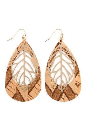 Cork Pattern Teardrop Metal Leaf Filigree Earrings