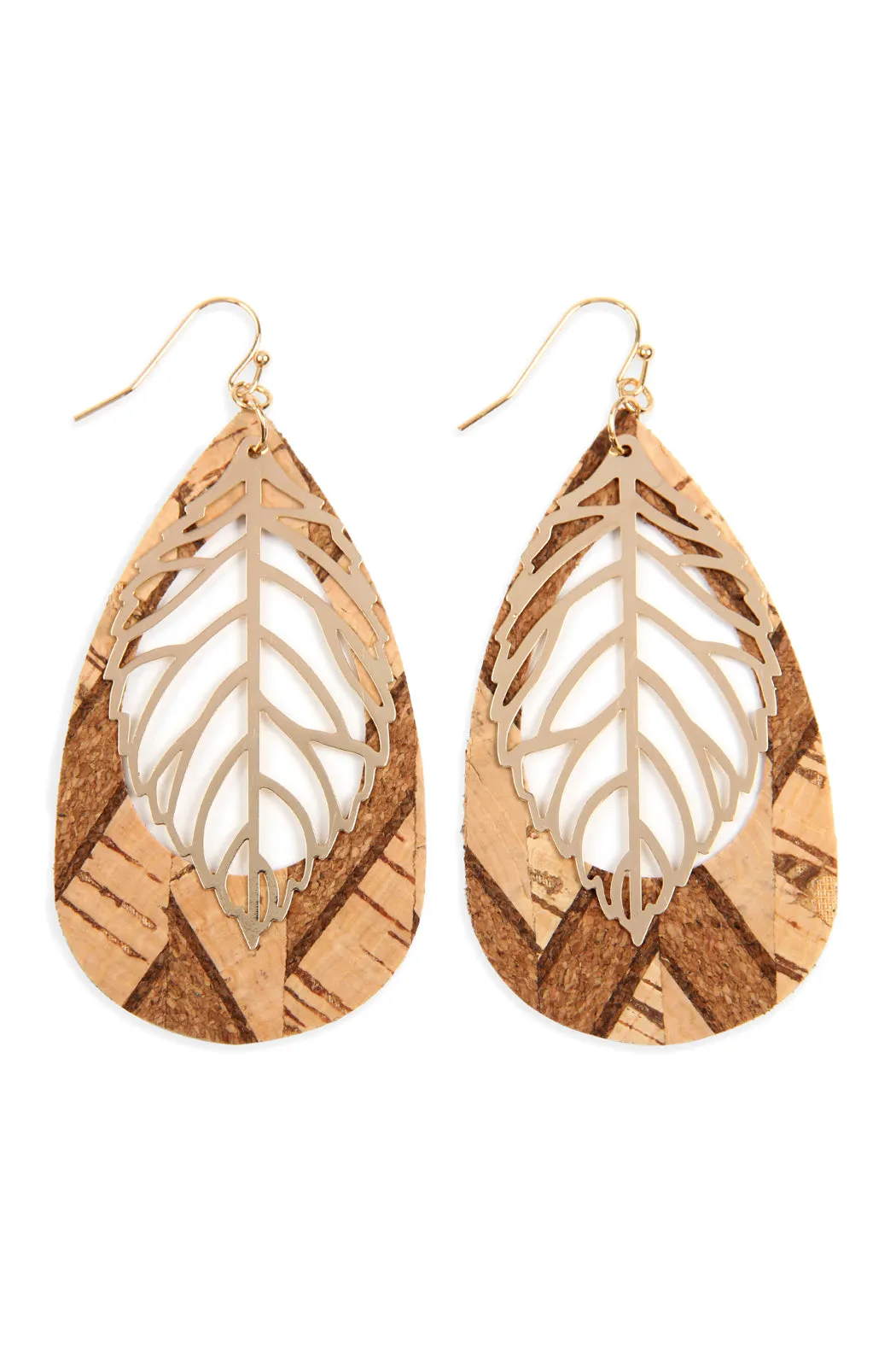 Cork Pattern Teardrop Metal Leaf Filigree Earrings