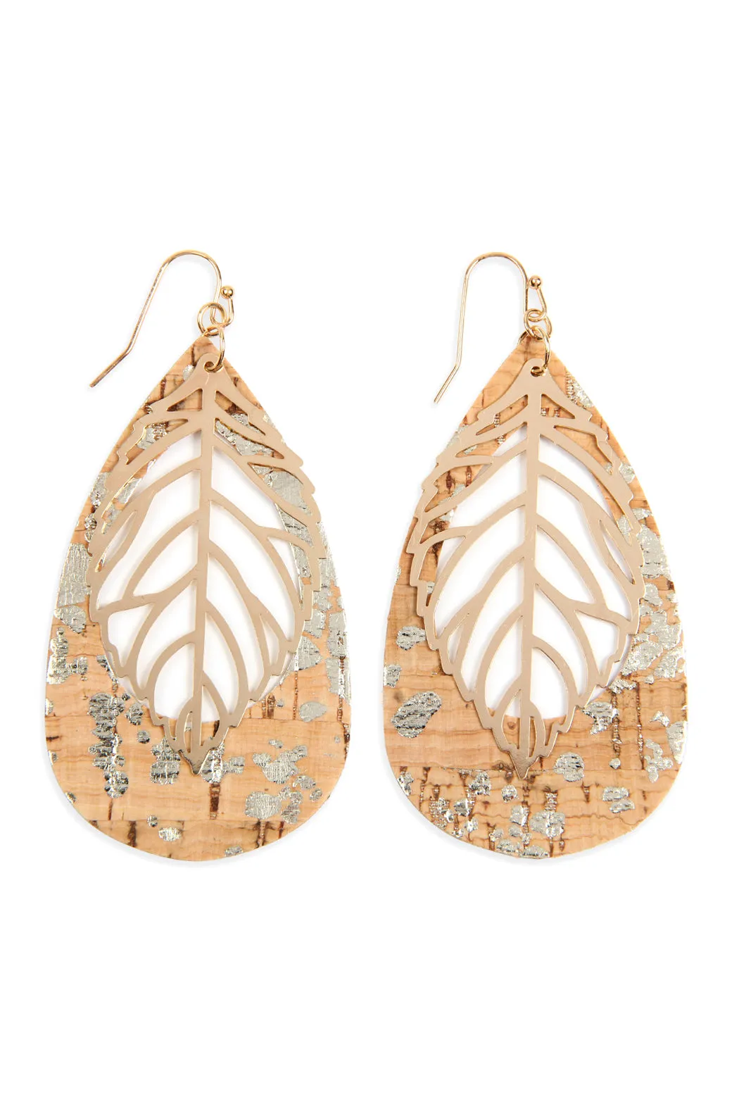 Cork Pattern Teardrop Metal Leaf Filigree Earrings