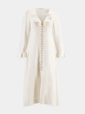 Cream V-Neck Midi Dress with Daisy Buttons