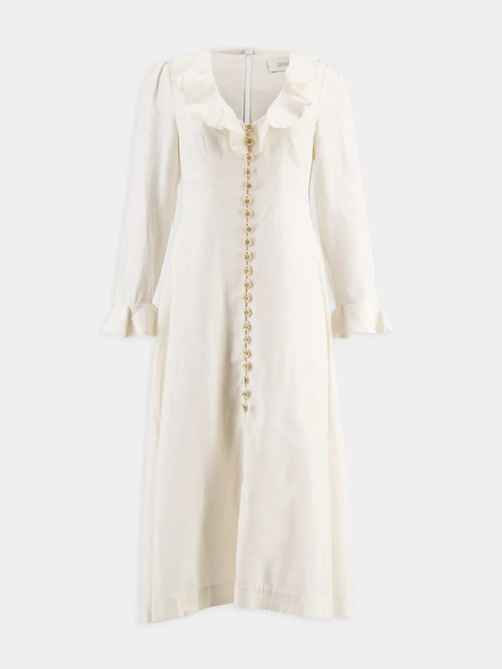 Cream V-Neck Midi Dress with Daisy Buttons