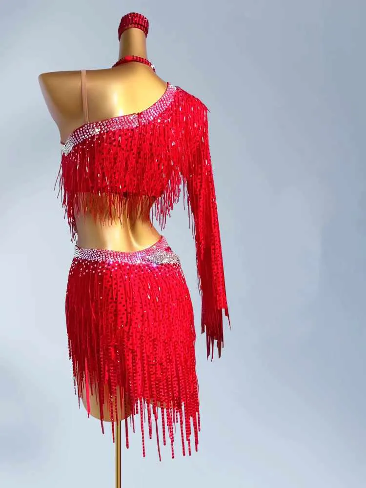 Custom Size Latin Dance Dresses for Women Girls Red Pink Bling Fringe Salsa Rumba Chacha Blackpool Dance Wear