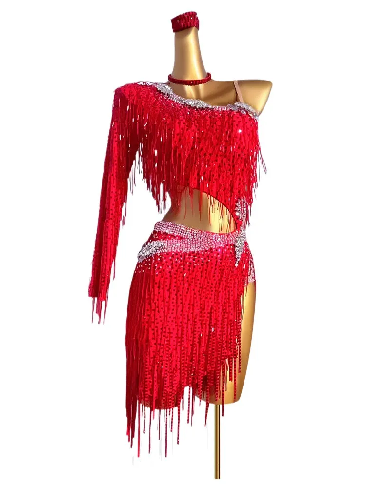 Custom Size Latin Dance Dresses for Women Girls Red Pink Bling Fringe Salsa Rumba Chacha Blackpool Dance Wear