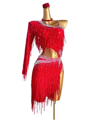 Custom Size Latin Dance Dresses for Women Girls Red Pink Bling Fringe Salsa Rumba Chacha Blackpool Dance Wear