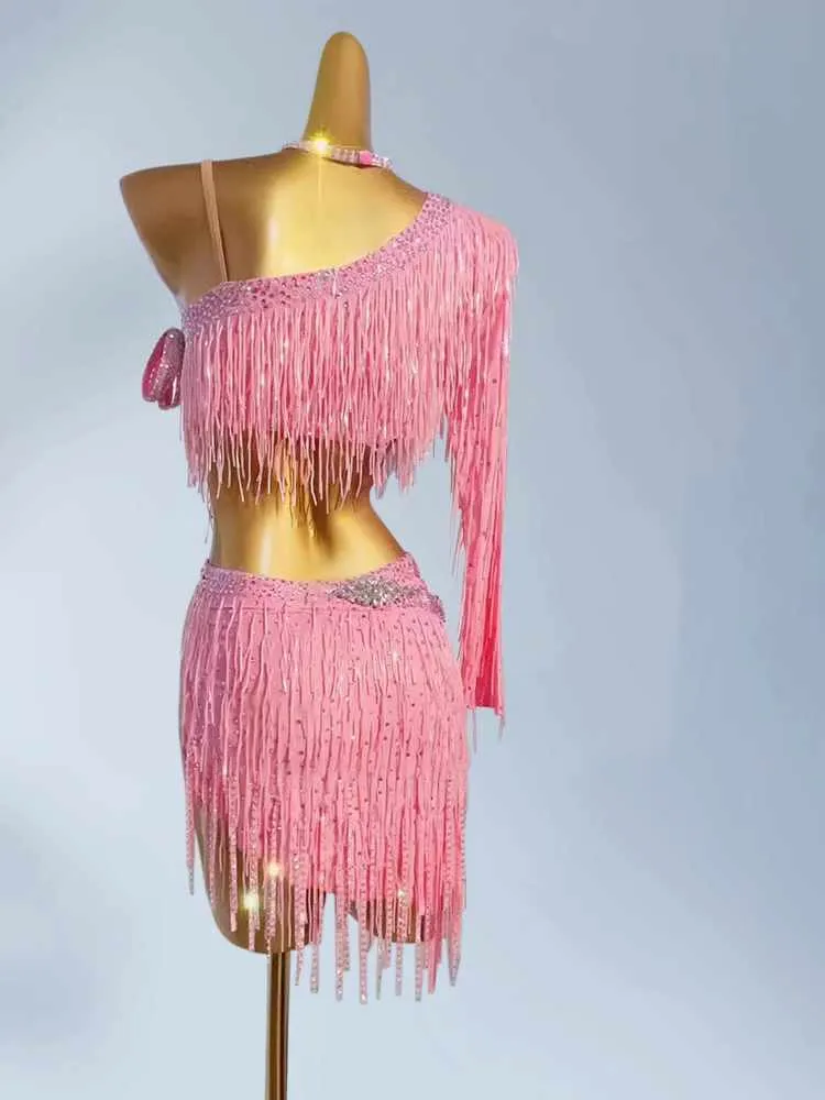 Custom Size Latin Dance Dresses for Women Girls Red Pink Bling Fringe Salsa Rumba Chacha Blackpool Dance Wear