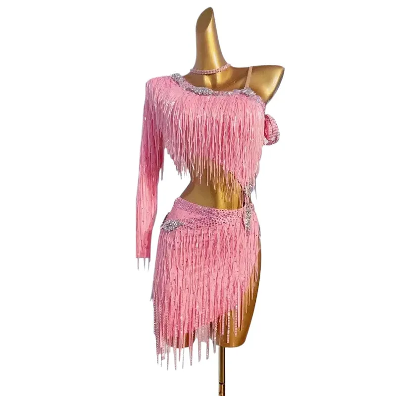 Custom Size Latin Dance Dresses for Women Girls Red Pink Bling Fringe Salsa Rumba Chacha Blackpool Dance Wear