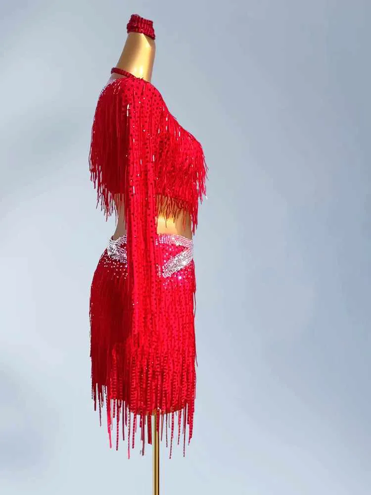 Custom Size Latin Dance Dresses for Women Girls Red Pink Bling Fringe Salsa Rumba Chacha Blackpool Dance Wear