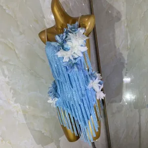 Custom Size Turquoise Blue Fringe Competition Latin Dance Dresses for Women Girls Salsa Rumba Chacha Dance Skirts
