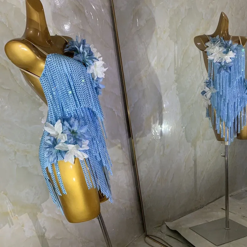 Custom Size Turquoise Blue Fringe Competition Latin Dance Dresses for Women Girls Salsa Rumba Chacha Dance Skirts