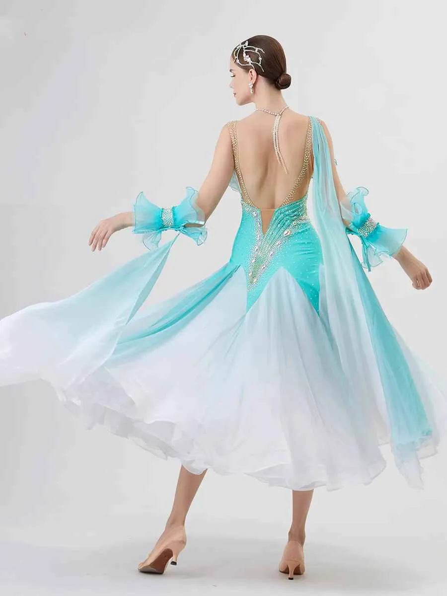 Custom Size Turquoise Competition Ballroom Dance Dresses for Women Waltz Tango Rhythm Dance Long Skirt