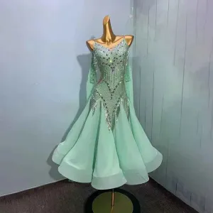 Customized Size Mint Green Ballroom Dance Dresses for Women Competition Waltz Tango Foxtrot Dancing Long Gown