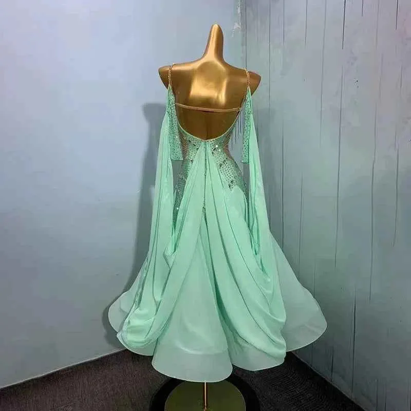 Customized Size Mint Green Ballroom Dance Dresses for Women Competition Waltz Tango Foxtrot Dancing Long Gown