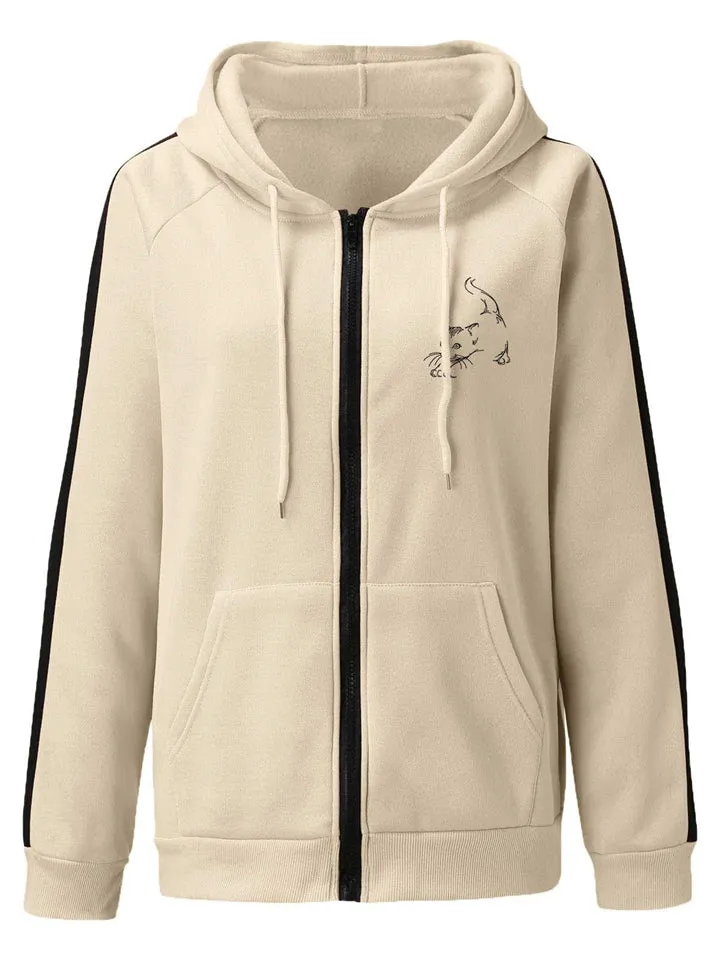 Cute Cat Print Thicken Keep Warm Zipper Hoodies for Women
