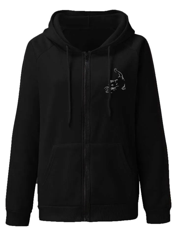 Cute Cat Print Thicken Keep Warm Zipper Hoodies for Women