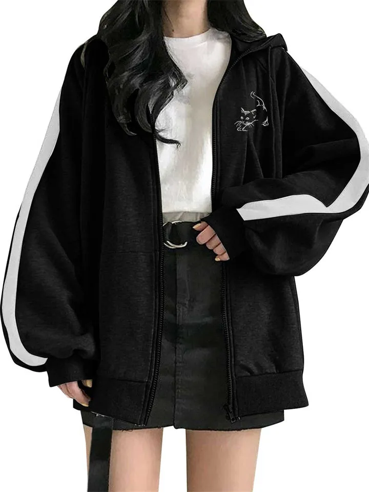 Cute Cat Print Thicken Keep Warm Zipper Hoodies for Women