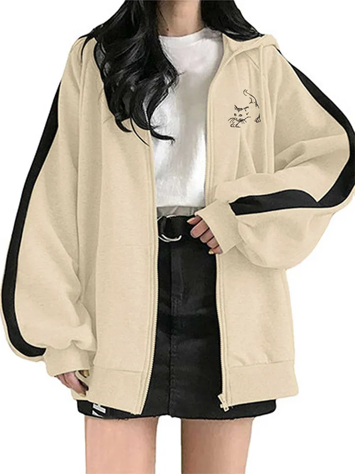 Cute Cat Print Thicken Keep Warm Zipper Hoodies for Women