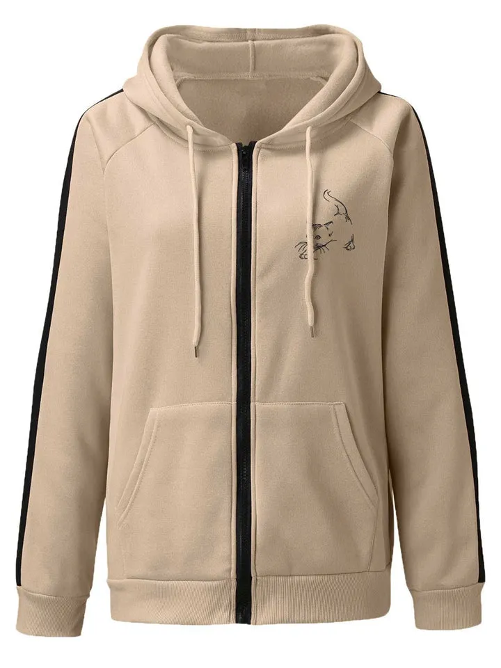 Cute Cat Print Thicken Keep Warm Zipper Hoodies for Women