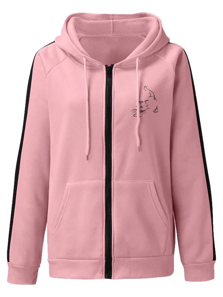 Cute Cat Print Thicken Keep Warm Zipper Hoodies for Women