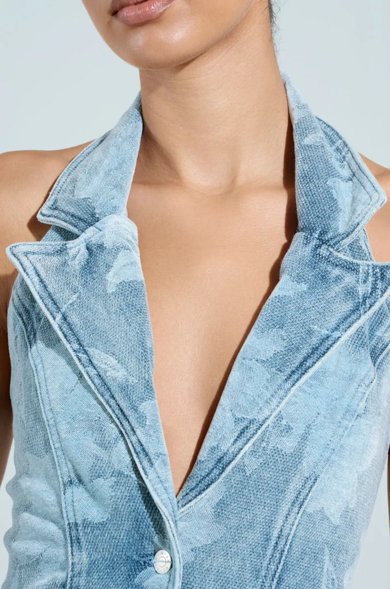DAISY PRINTED DENIM MINI DRESS