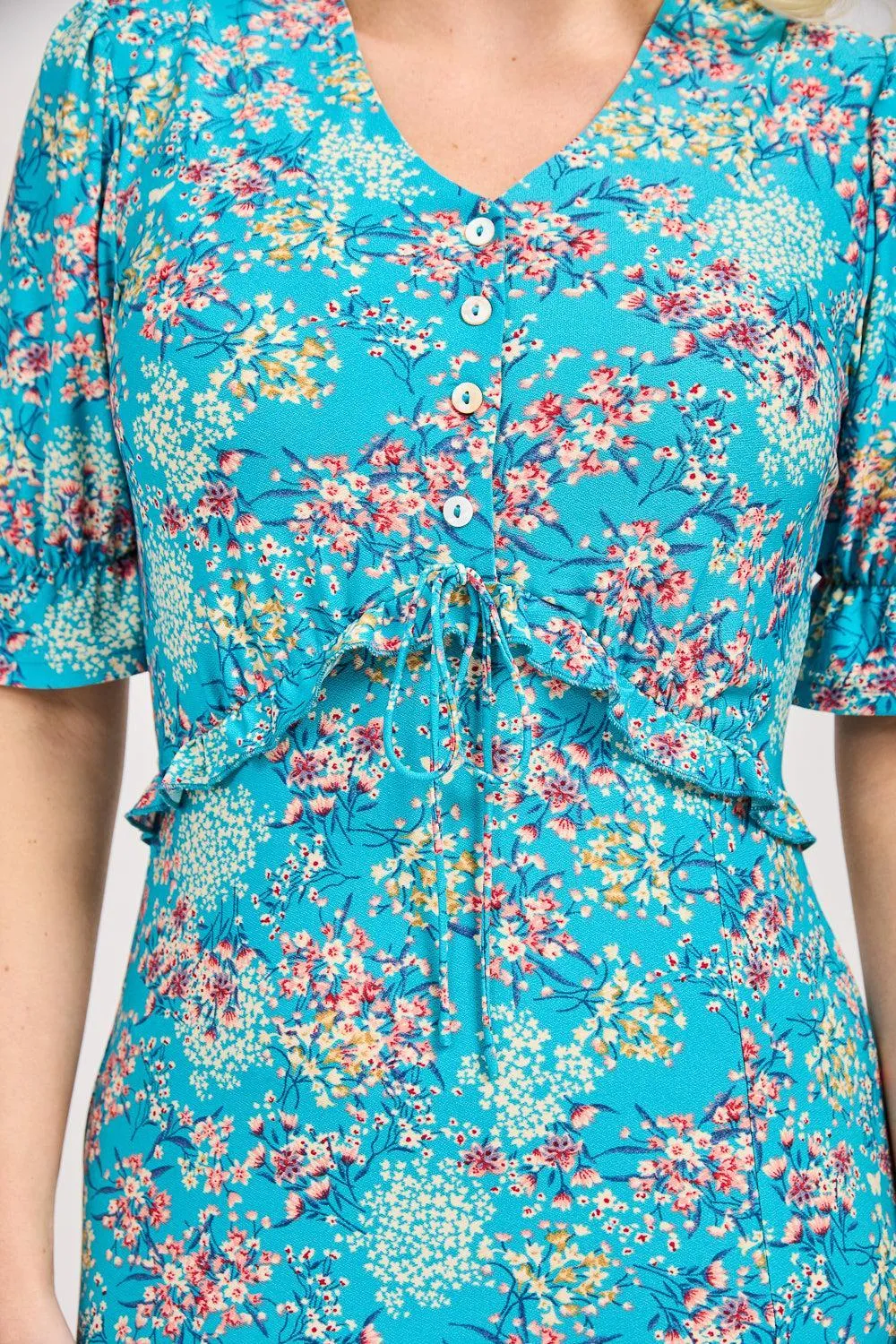Ditsy Print Tie Front Dress - Teal