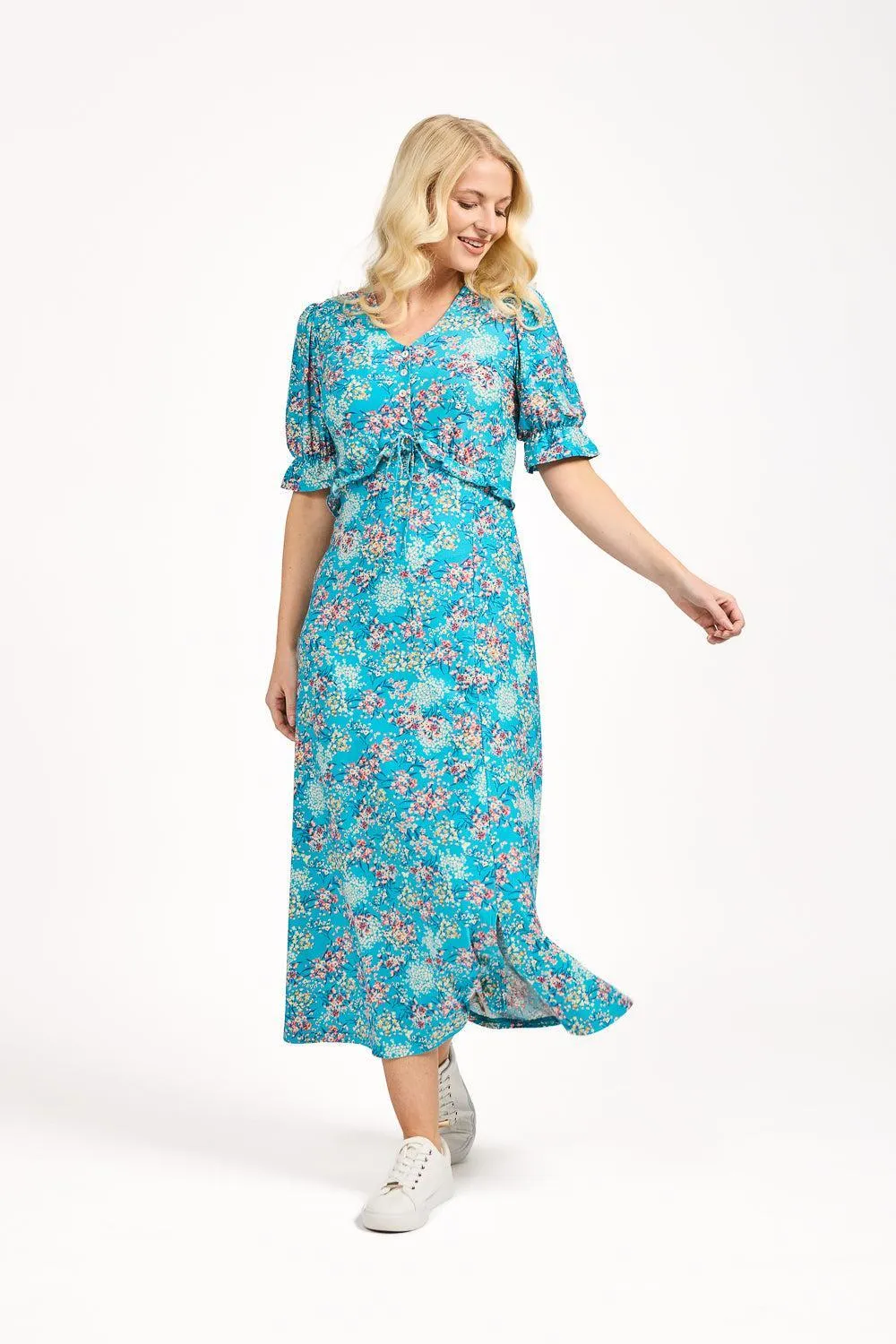 Ditsy Print Tie Front Dress - Teal