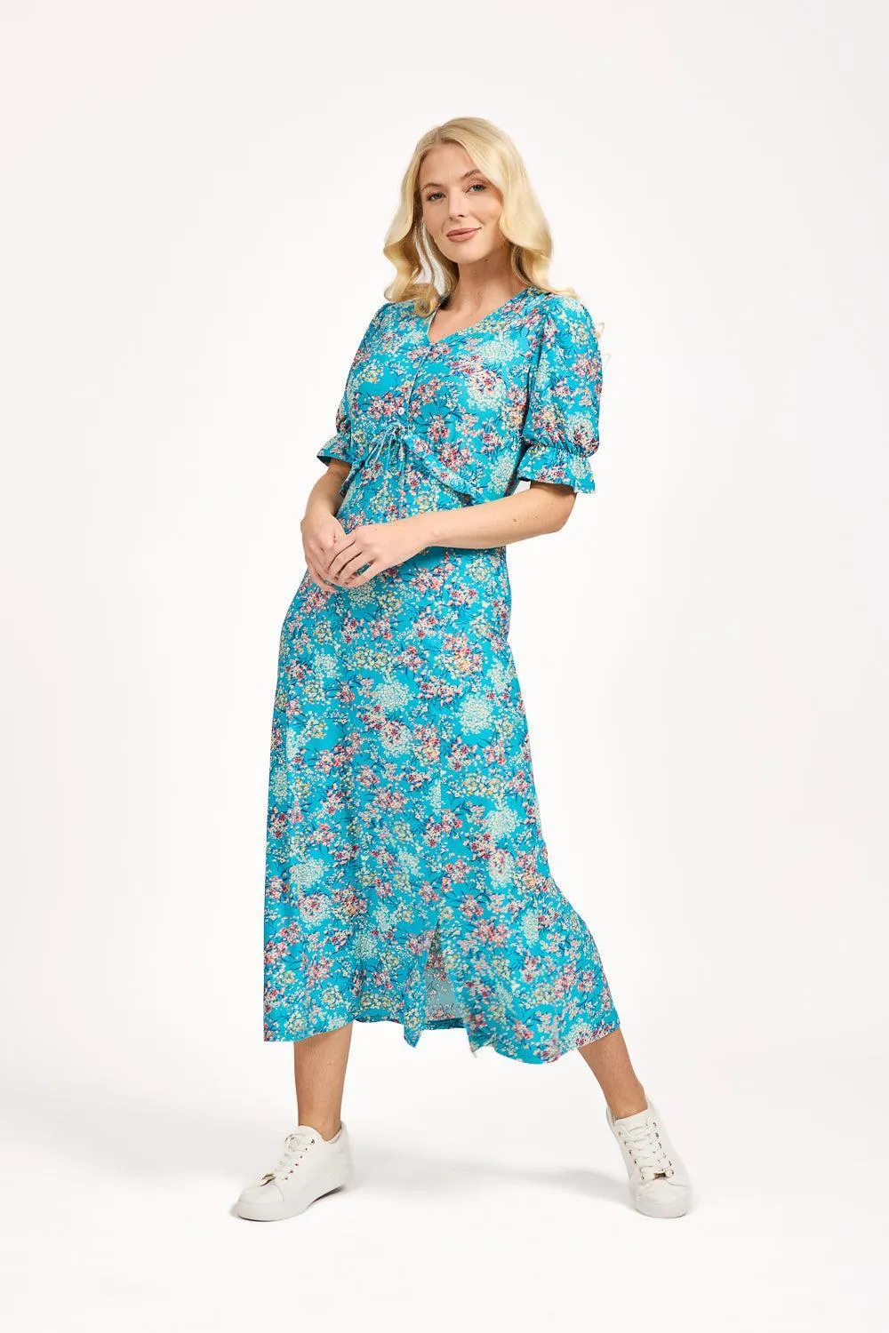 Ditsy Print Tie Front Dress - Teal