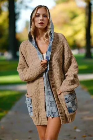 Double Take Women's Hooded Denim Spliced Sweater Cardigan | Stylish Sweater for Cozy Layering with Pockets
