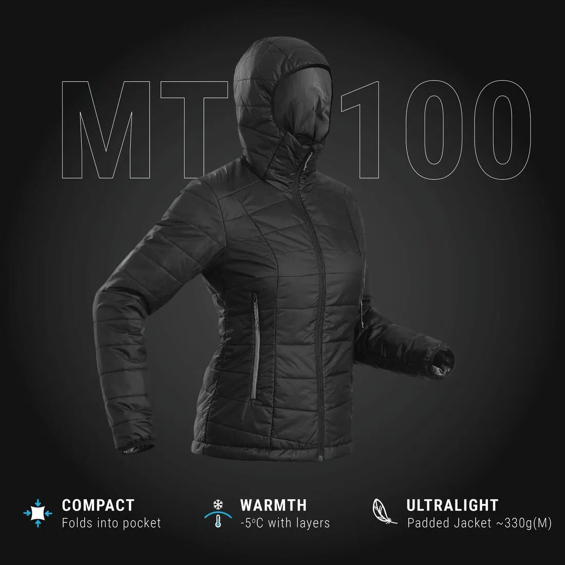 Doudoune synthétique à capuche de trek montagne - MT100 -5 °C - Femme
