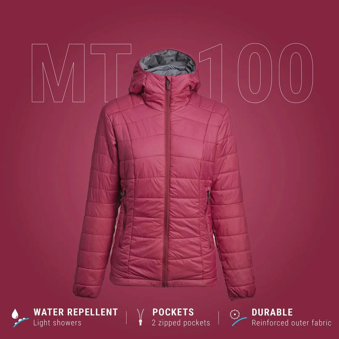 Doudoune synthétique à capuche de trek montagne - MT100 -5 °C - Femme