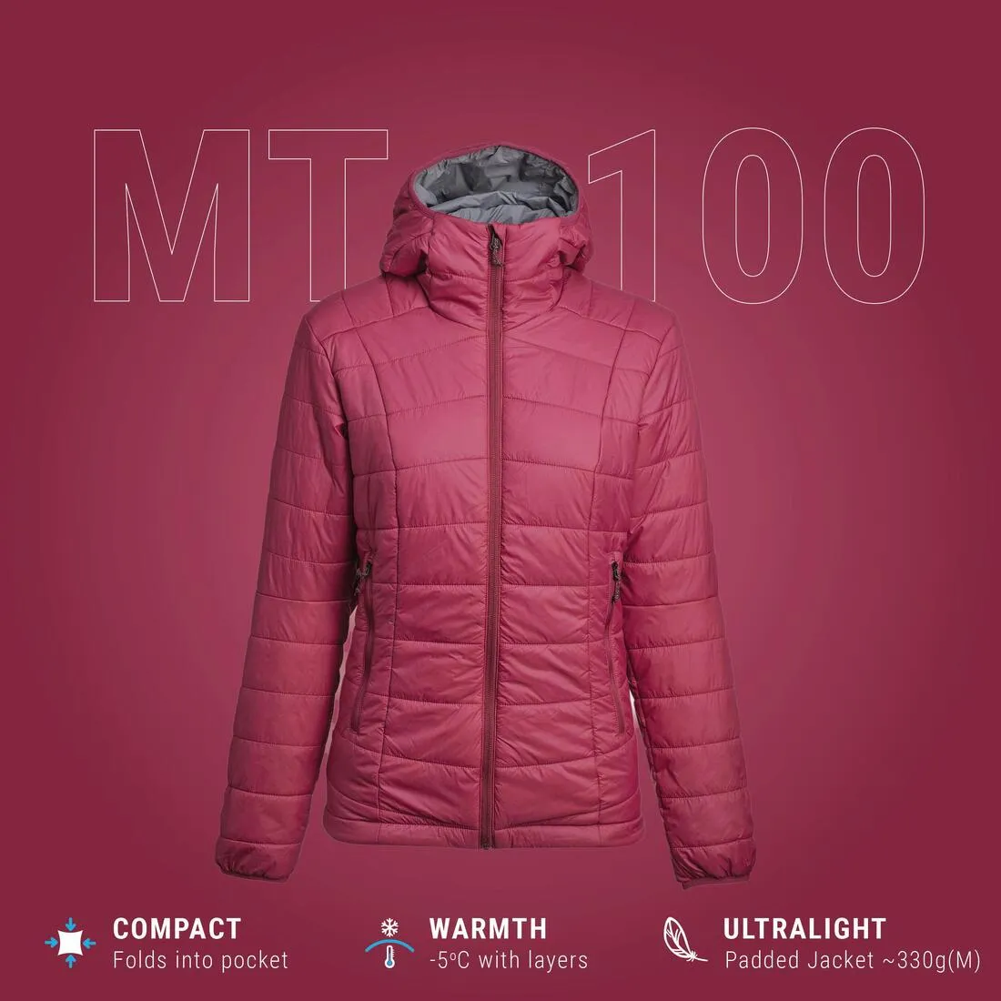 Doudoune synthétique à capuche de trek montagne - MT100 -5 °C - Femme