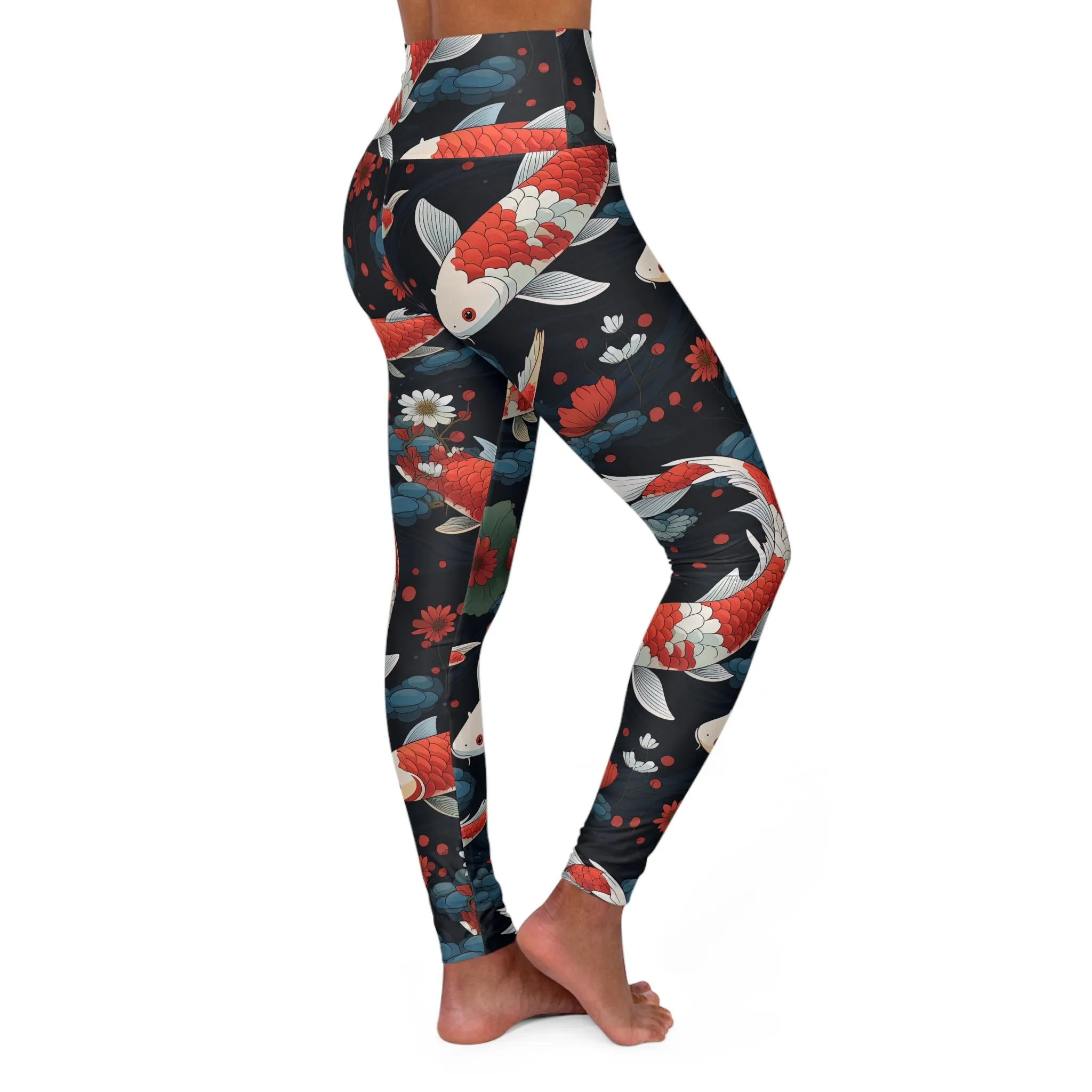 Elegant Koi Fish High Waisted Yoga Leggings - Stylish Activewear for Fitness and Relaxation