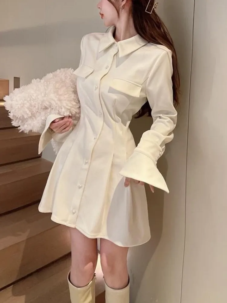 Elegant  Spring Y2K Bow Mini Dress Women Casual Long Sleeve Office Ladies Slim Short Dress Vintage One Piece Dress Korean