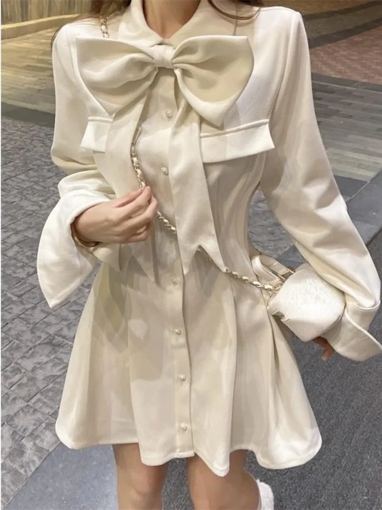Elegant  Spring Y2K Bow Mini Dress Women Casual Long Sleeve Office Ladies Slim Short Dress Vintage One Piece Dress Korean