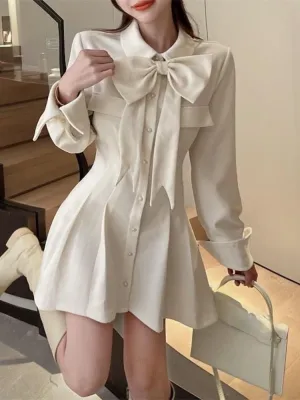 Elegant  Spring Y2K Bow Mini Dress Women Casual Long Sleeve Office Ladies Slim Short Dress Vintage One Piece Dress Korean